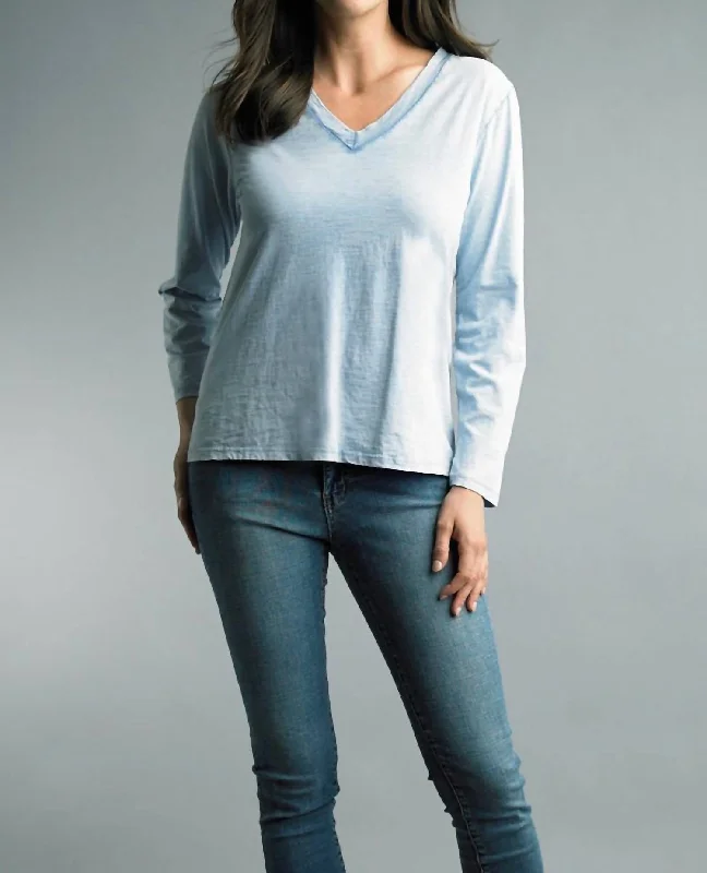 Basic Long Sleeve V Neckline Tee In Denim