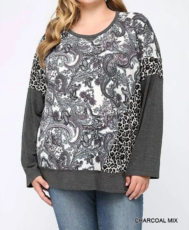 Pasley Leopard Color Block Top In Charcoal Mix