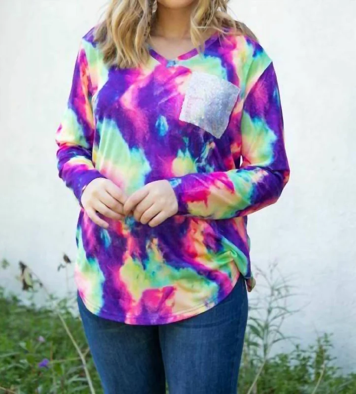 Tie Dye V Neck Sequin Pocket Bright Colors Top In Multi