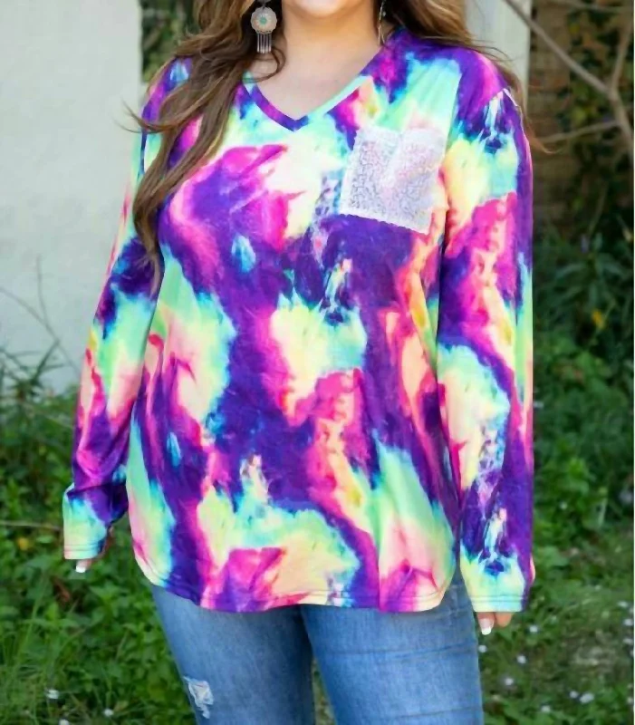 Tie Dye V Neck Sequin Pocket Plus Top In Multi