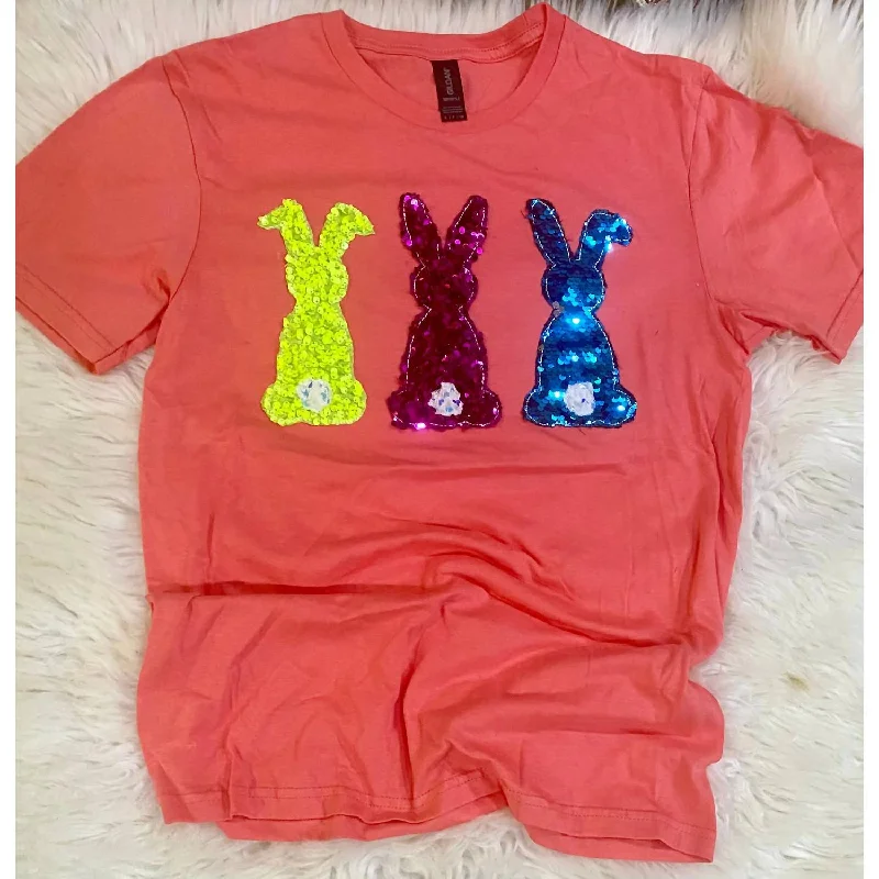 Unisex Neon Sequin Sewn Bunny Trio Tee In Coral