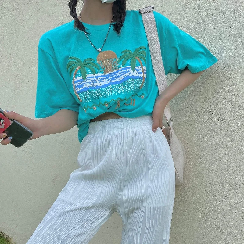 Women's Japanese Style Summer Beach Casual Blue Tee