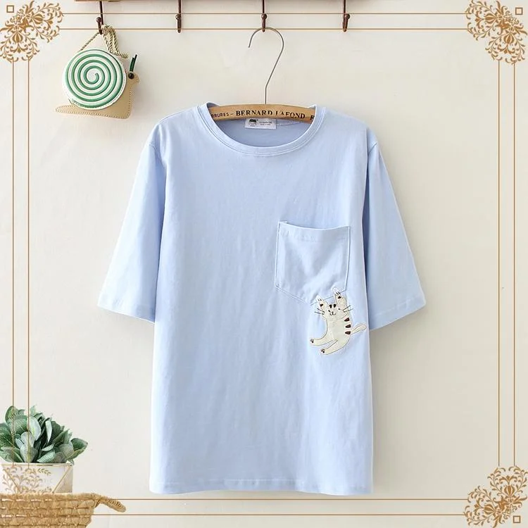 Women's Kawaii Cat Pocket Pure Color Tees