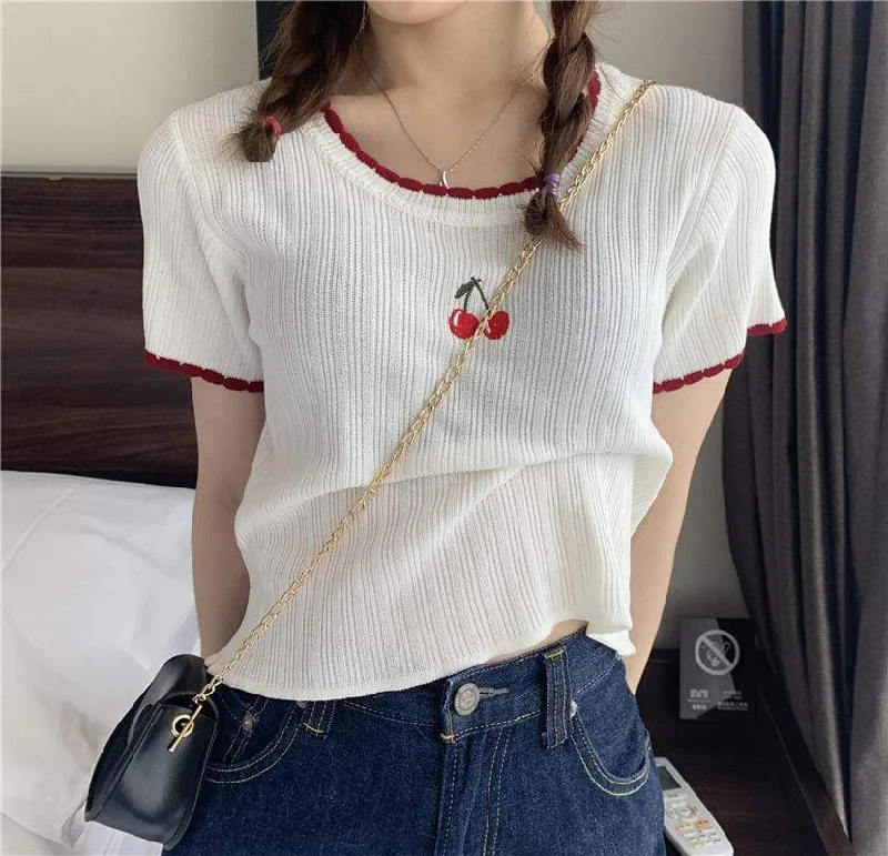 Women's Kawaii Cherry Printed Knitted Tops