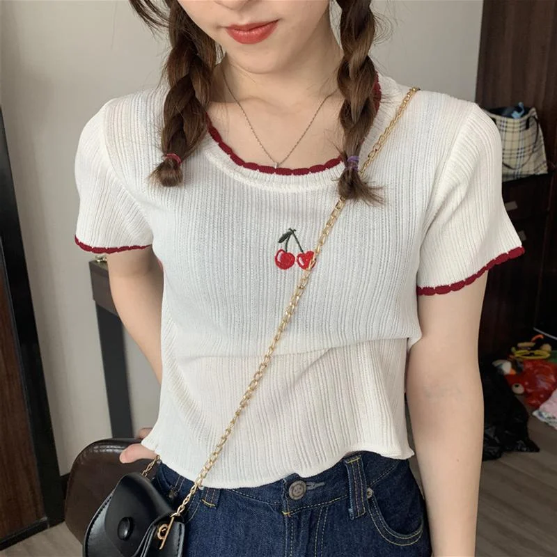 Women's Kawaii Cherry Printed Knitted Tops