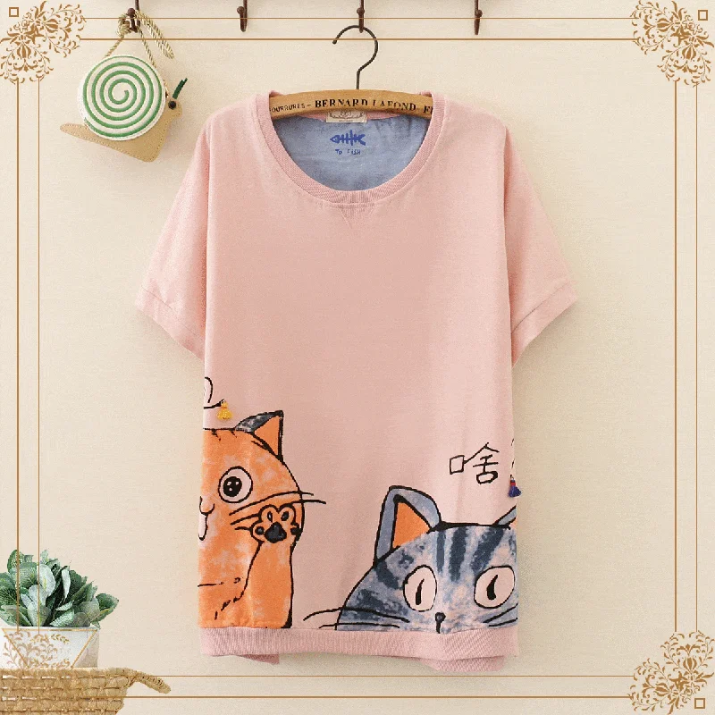 Women's Kawaii Circle Collar Cats Printed Tees