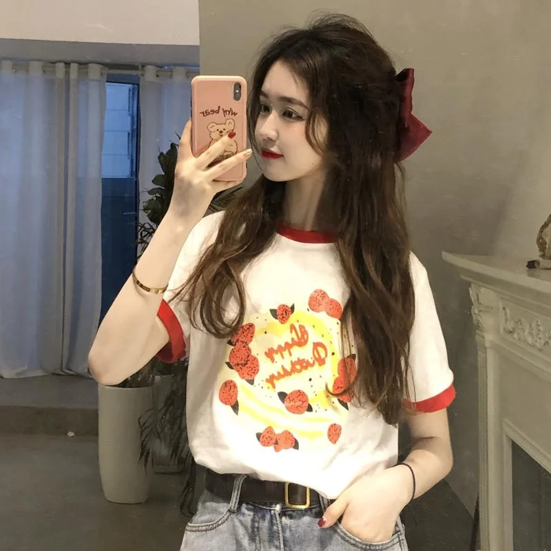 Women's Kawaii Fruit Cake Printed Short Sleeved Tee