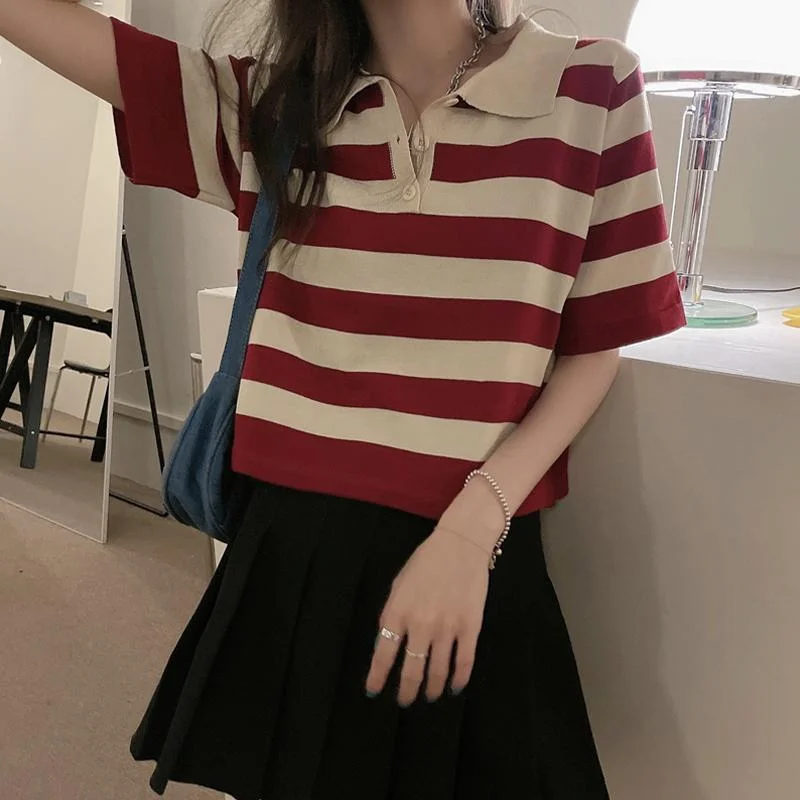 Women's Kawaii Turn-down Collar Striped T-shirt