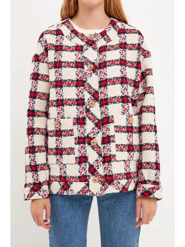 Womens Tweed Plaid Collarless Blazer