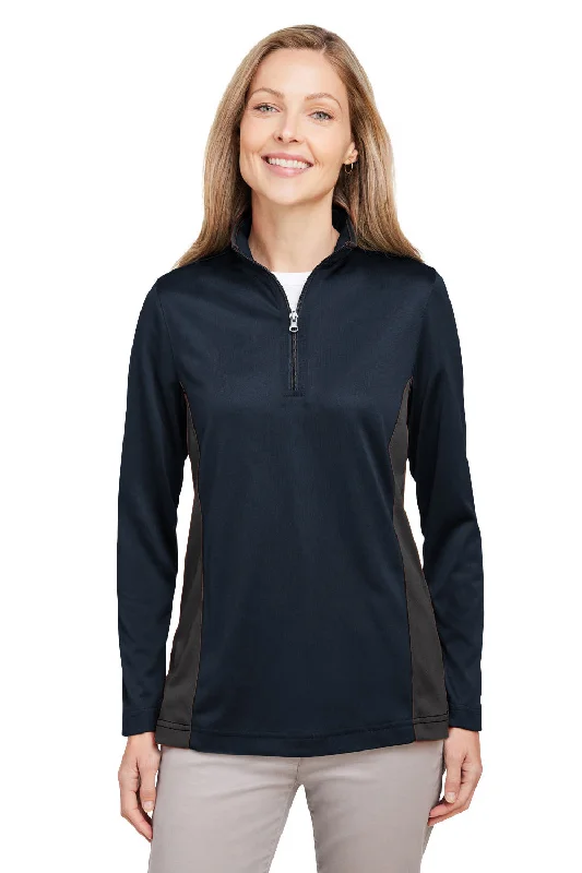 Harriton Womens Flash Performance Moisture Wicking Colorblock 1/4 Zip Sweatshirt - Dark Navy Blue/Dark Charcoal Grey