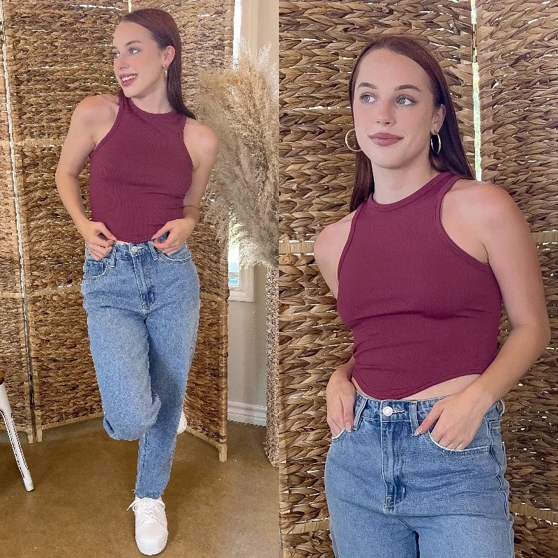 Staying In High Neck Ribbed Crop Tank Top with Scoop Hemline in Maroon