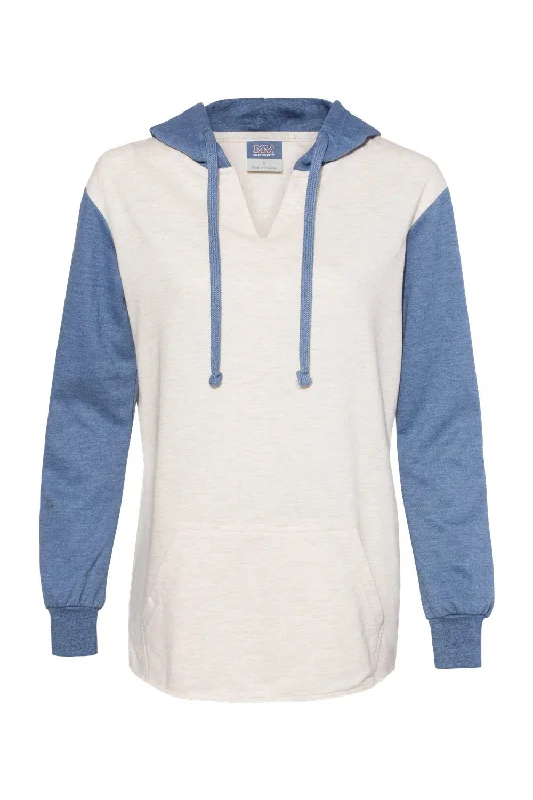 MV Sport Womens French Terry Colorblock Hooded Sweatshirt Hoodie - Stonewashed Blue/Oatmeal - NEW