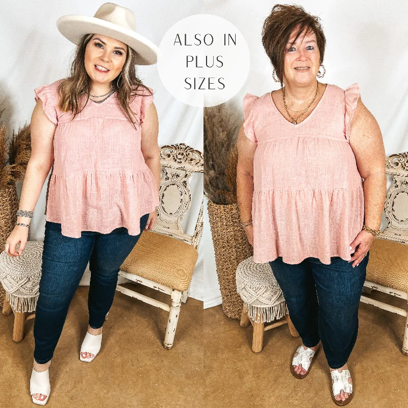 Stay Wonderful Solid Tiered Top with Ruffle Cap Sleeves in Dusty Pink