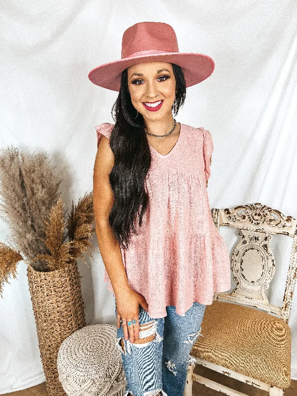 Stay Wonderful Solid Tiered Top with Ruffle Cap Sleeves in Dusty Pink