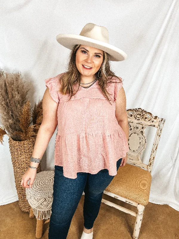 Stay Wonderful Solid Tiered Top with Ruffle Cap Sleeves in Dusty Pink