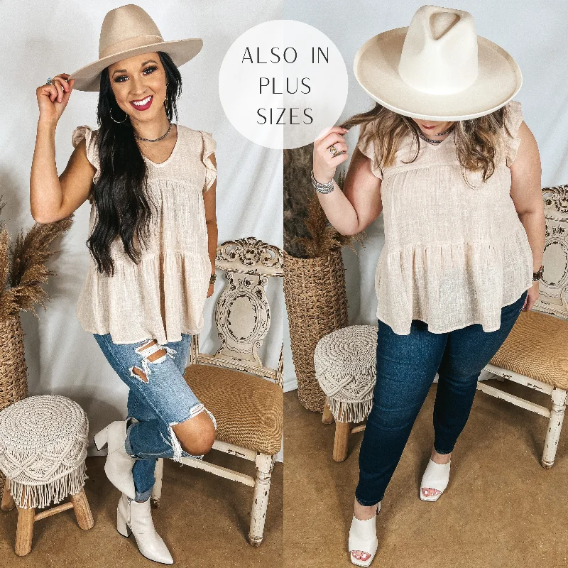 Stay Wonderful Solid Tiered Top with Ruffle Cap Sleeves in Natural