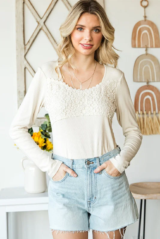 Double Take Lace Crochet Long Sleeve Top