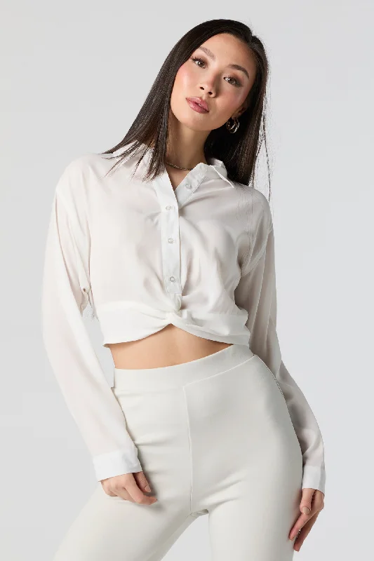 Twist Hem Button-Up Long Sleeve Top