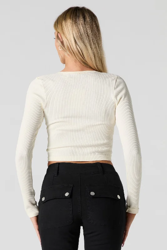 Seamless Ribbed Buttoned V-Neck Long Sleeve Top Seamless Ribbed Buttoned V-Neck Long Sleeve Top