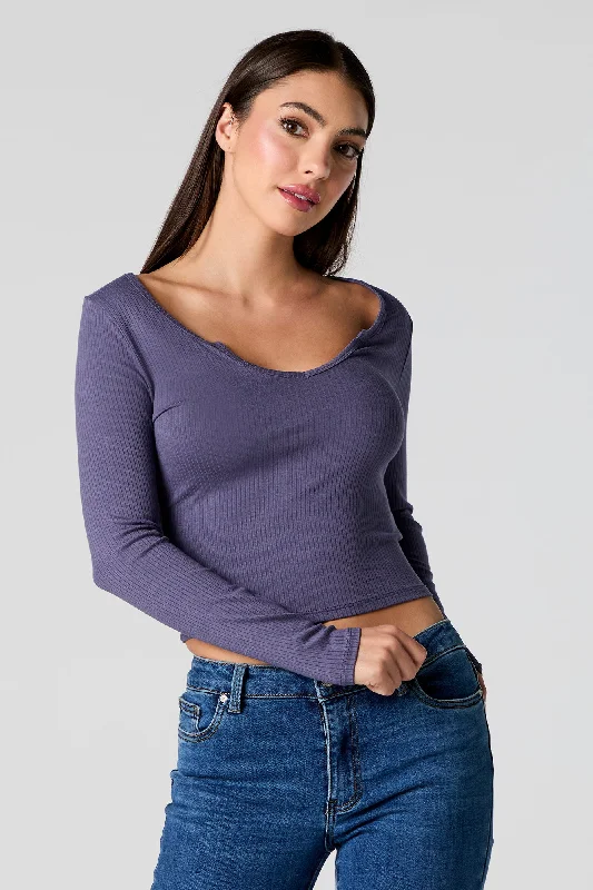 Ribbed Wide Notched Long Sleeve Top