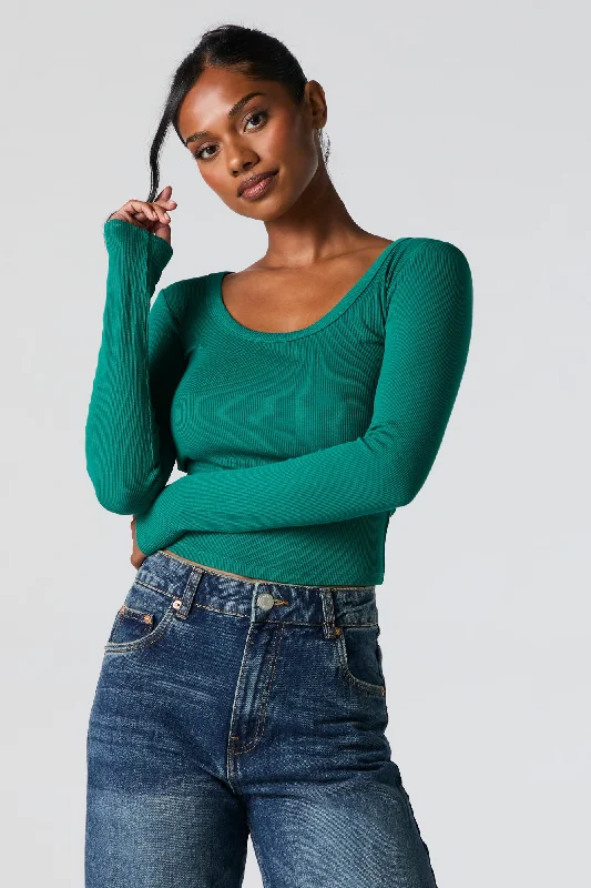 Ribbed Scoop Neck Long Sleeve Top