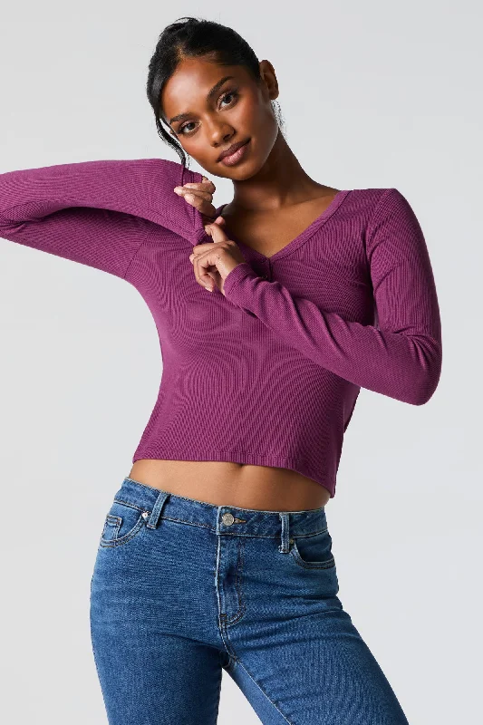 Ribbed Henley Long Sleeve Top