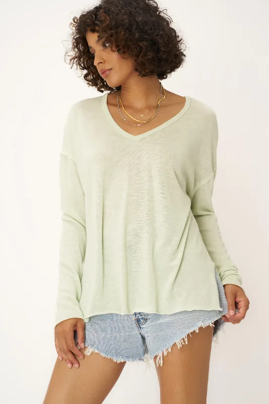 Mae Textured Relaxed V-Neck Long Sleeve - Mint Matcha