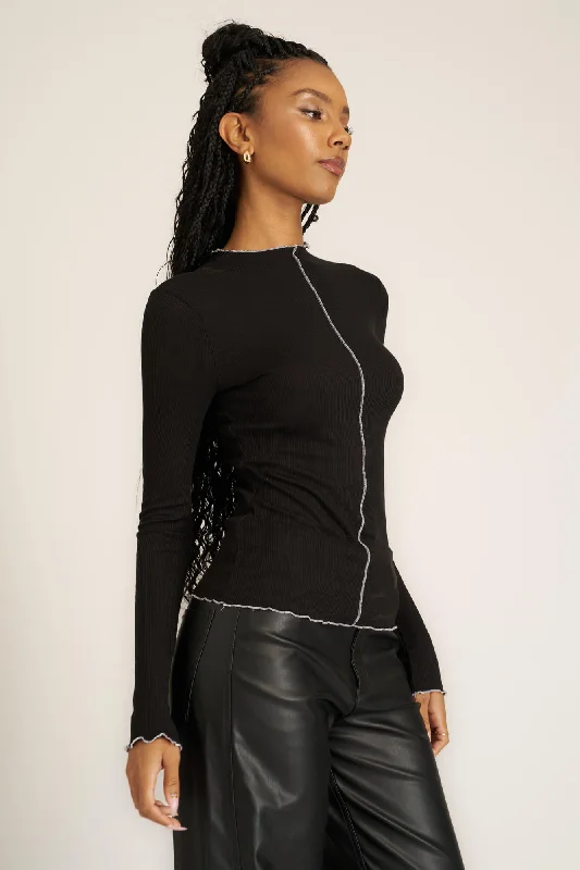 Sparks Seamed Rib Funnel Neck Long Sleeve - Black