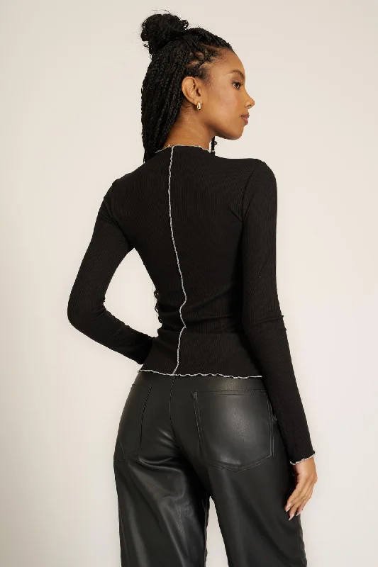 Sparks Seamed Rib Funnel Neck Long Sleeve - Black