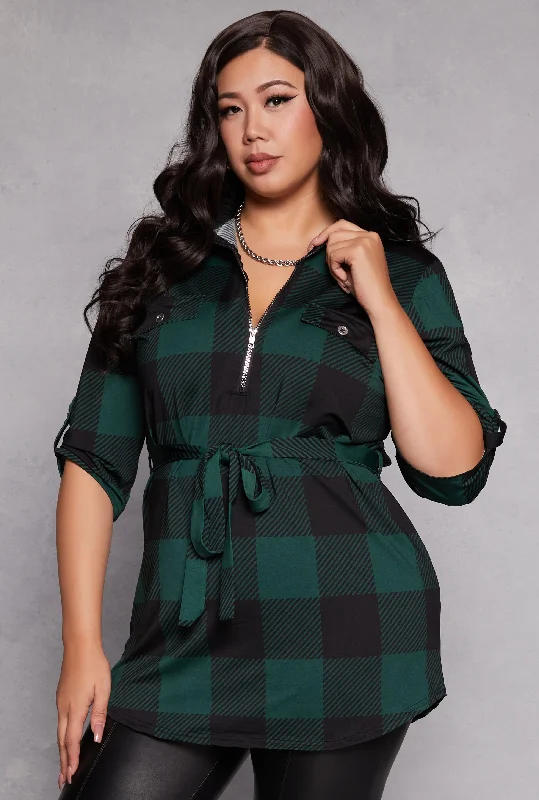 Plus Size Buffalo Plaid Half Zip Tunic Top